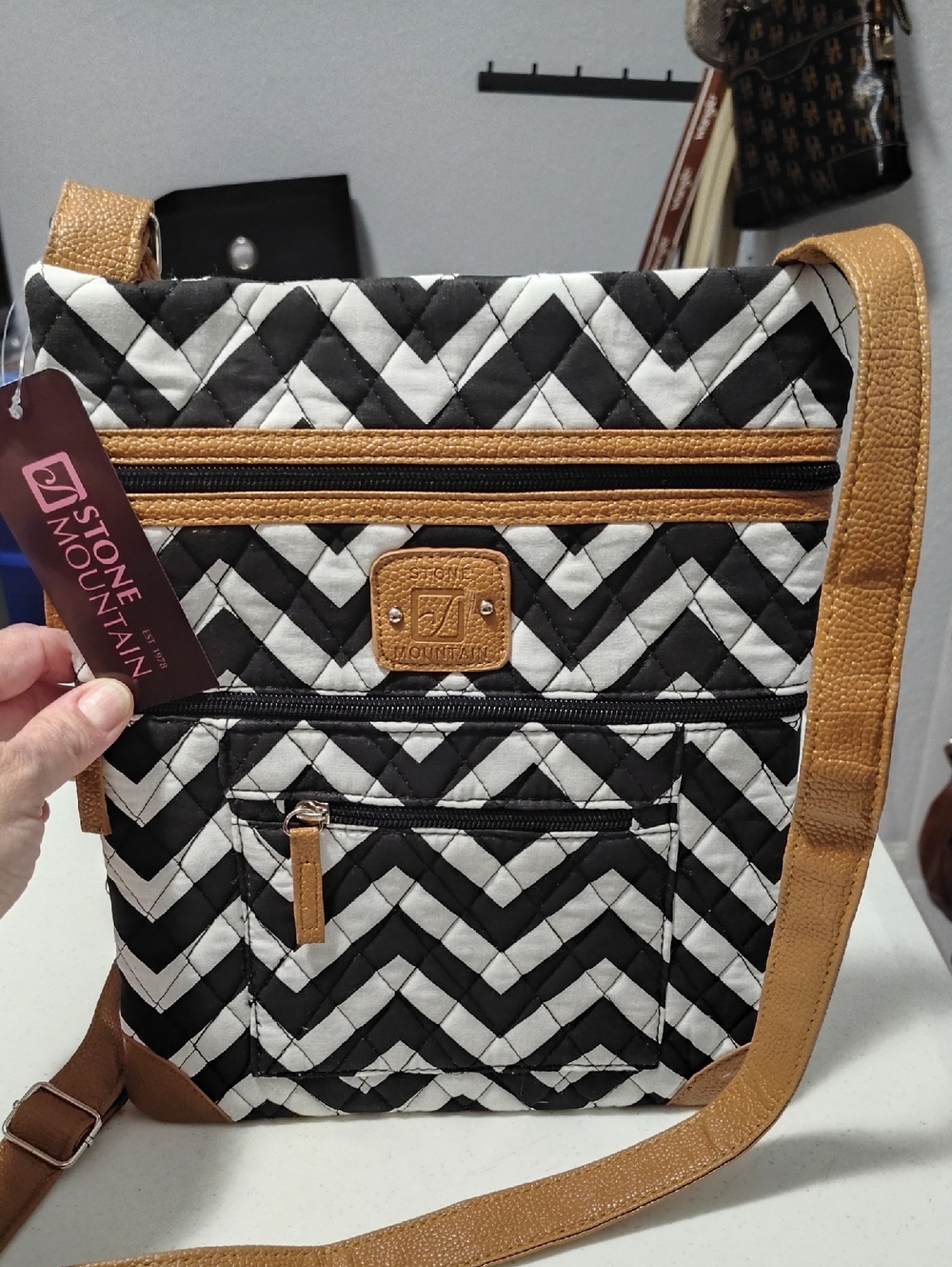 Brand New Stone Mountain Black & White Chevron Crossbody with Tan Trim